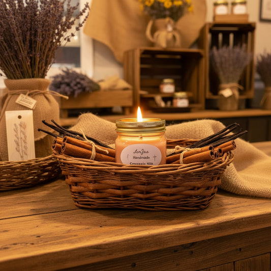 LorJas Handmade Cinnapple Nilla lightly scented soy candle in a wicker basket with fresh cinnamon and vanilla beans on a wooden surface in a country mercantile.