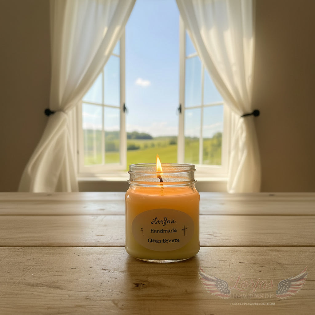 LorJas Handmade Clean Breeze lightly scented soy candle on a wooden counter with a gentle breeze flowing in through an open window with white drapes and a view of a meadow in the background.