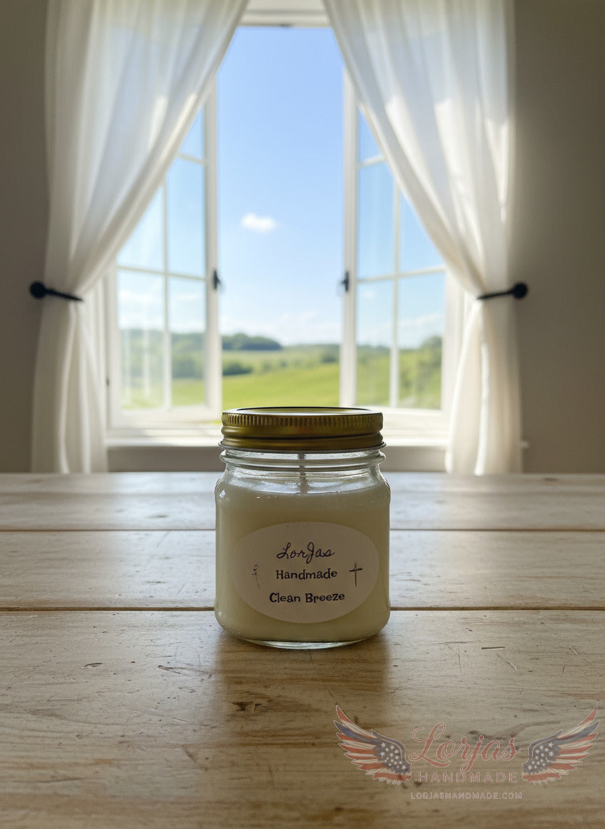 Jar of organic soy scented candle labeled 'LorJas Handmade Clean Breeze' on a wooden table with a window in the background