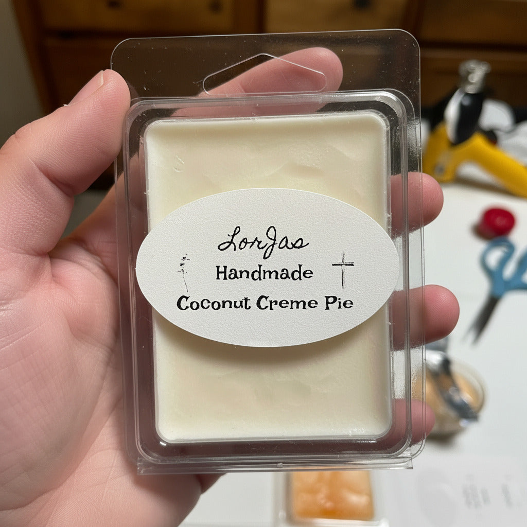 LorJas Handmade Coconut Creme Pie lightly scented soy melt being held in a hand with a blurry background.