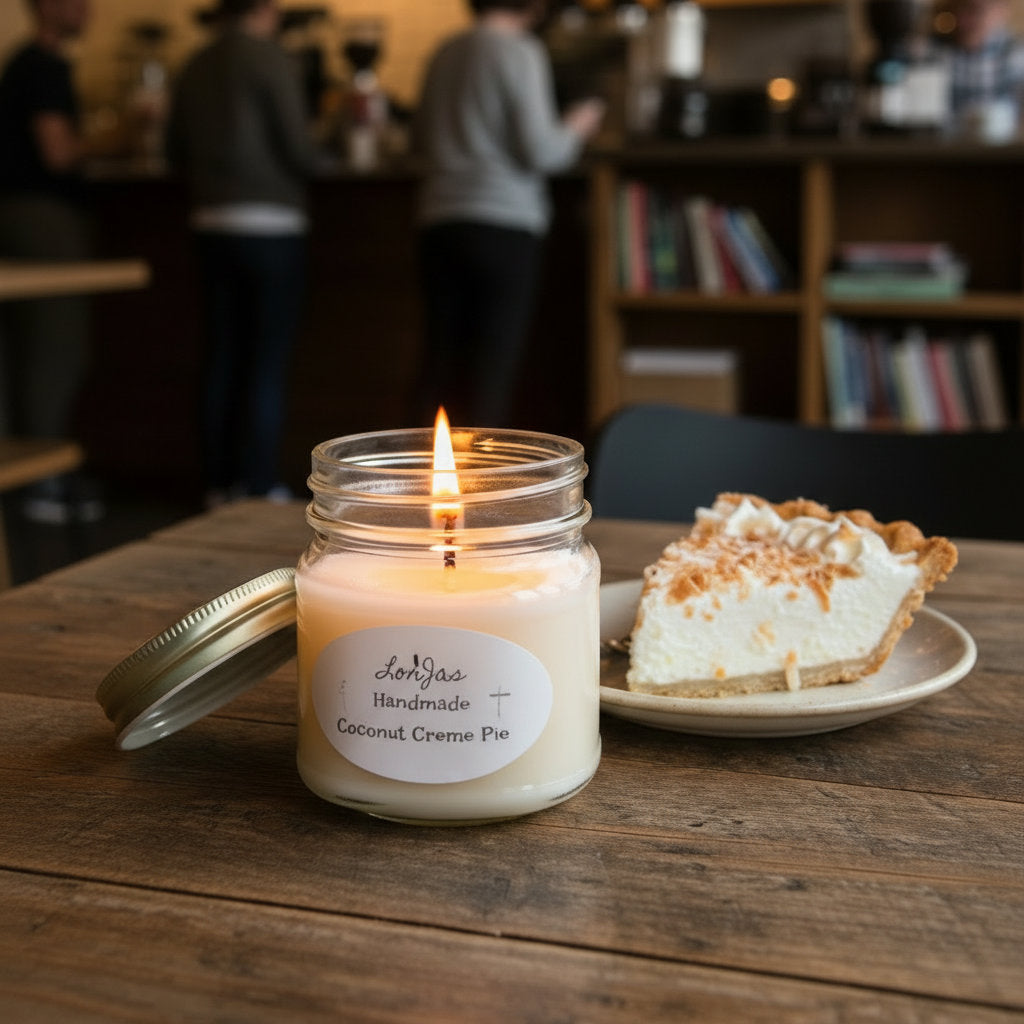 Pleasantly glowing LorJas Handmade Coconut Creme Pie lightly scented soy candle beside a serving of coconut cream pie on a table in a coffeehouse setting.