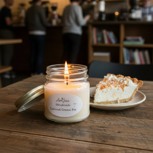 Pleasantly glowing LorJas Handmade Coconut Creme Pie lightly scented soy candle beside a serving of coconut cream pie on a table in a coffeehouse setting.