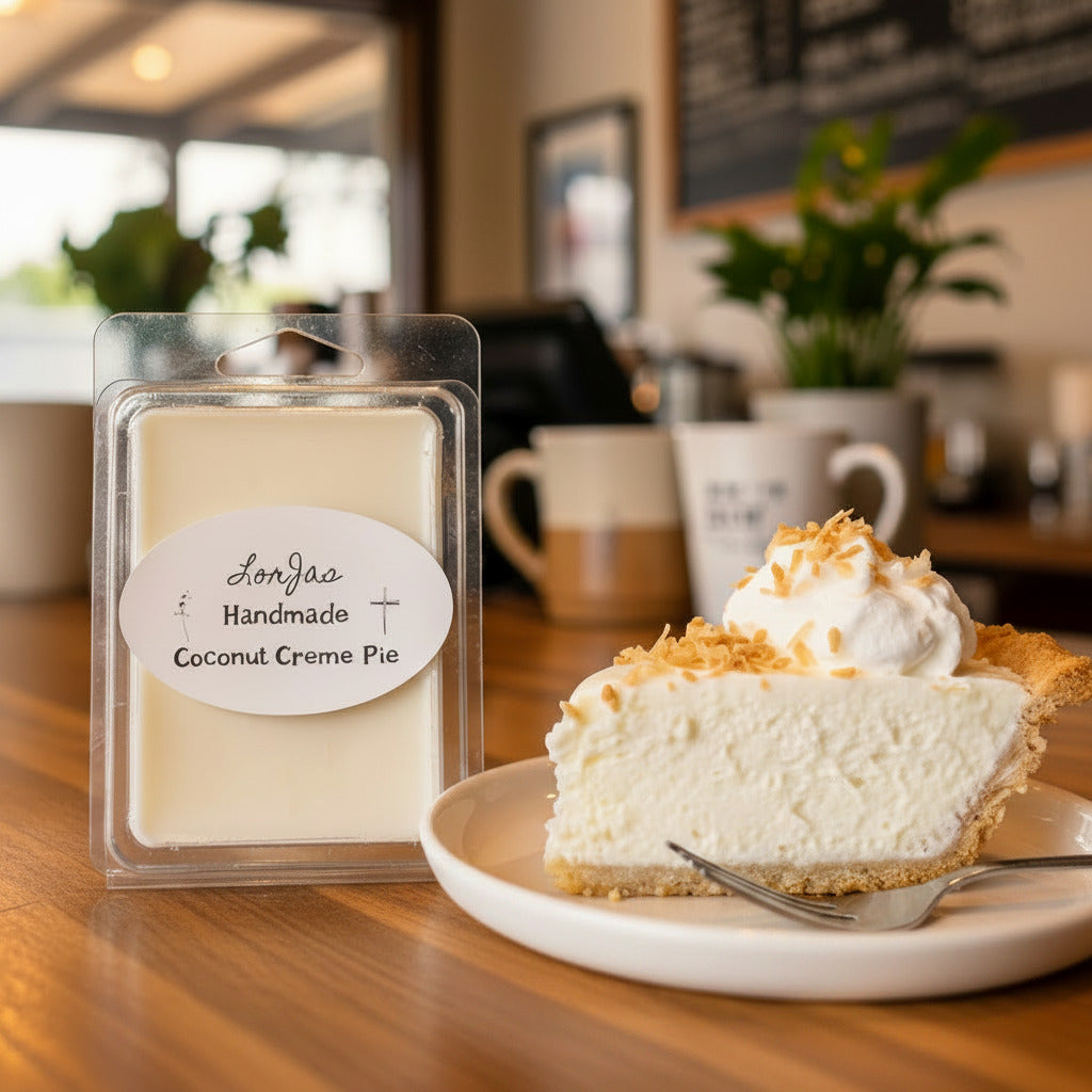 LorJas Handmade Coconut Creme Pie lightly scented soy melt beside a serving of coconut cream pie on a table with a cafe background.