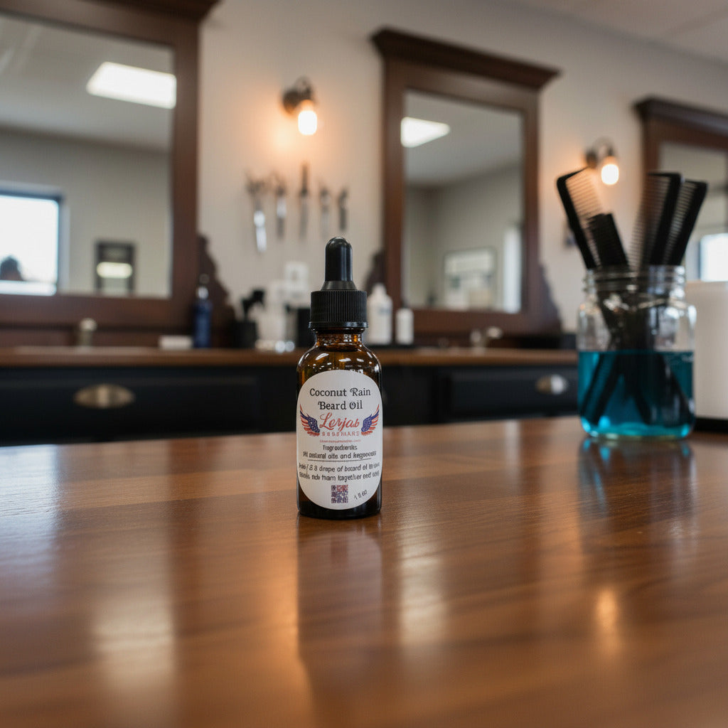 LorJas Handmade Coconut Rain lightly scented beard oil in barbershop.