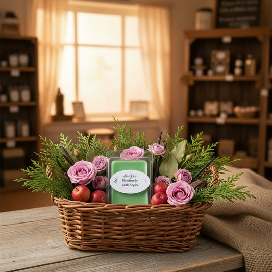 LorJas Handmade Crab Apples lightly scented soy wax melt in a wicker basket with fresh cedar, apples, vanilla beans, musk, camphor, and rose blossoms in a mercantile.