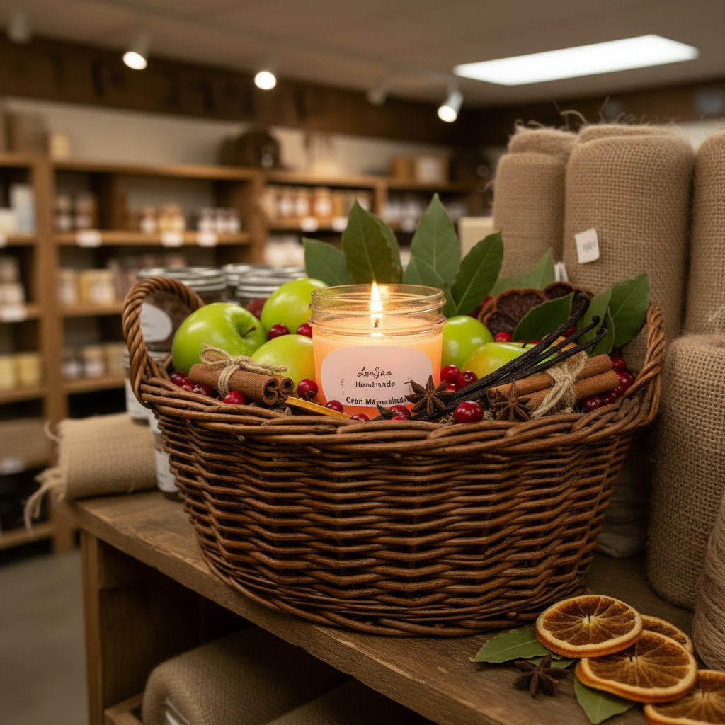LorJas Handmade Cran Marmalade lightly scented soy candle in a basket of fresh fruits, spices, and herbs in a country mercantile.