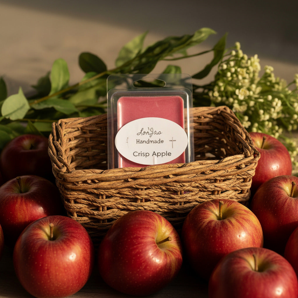 LorJas Handmade Apple Pie lightly scented soy wax melt in a wicker basket surrounded by ripe apples and greenery.