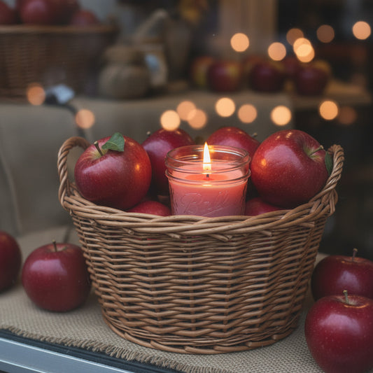 Pleasantly lit LorJas Handmade Crisp Apple lightly scented soy wax candle in a wicker basket with red apples on a burlap covered table with festive blurred background.