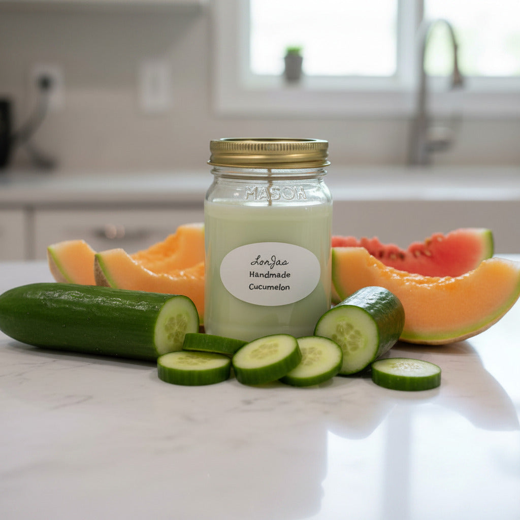 LorJas Handmade Cucumelon lightly scented soy candle beside fresh-sliced melon and cucumber on a marble countertop with a blurred kitchen background.