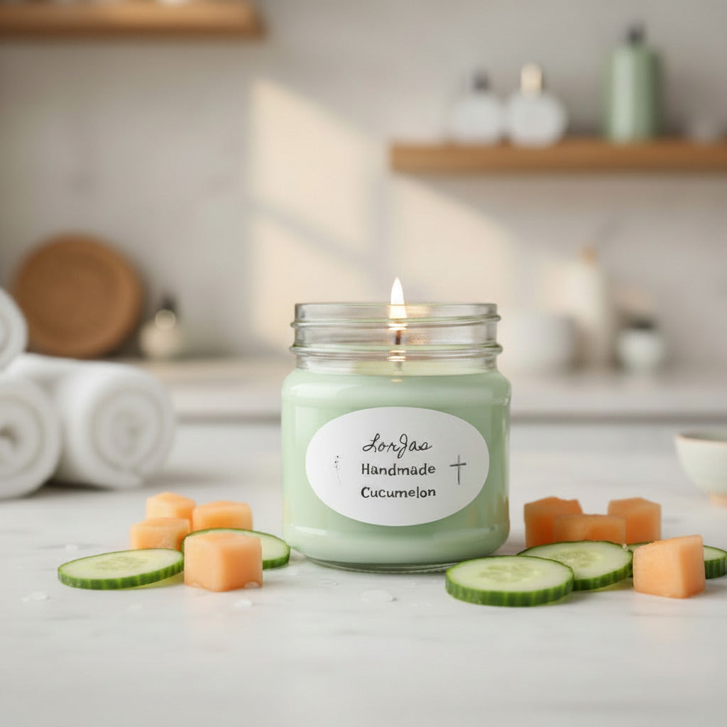 LorJas Handmade Cucumelon lightly scented soy candle beside fresh melon and cucumber in a blurred spa setting.