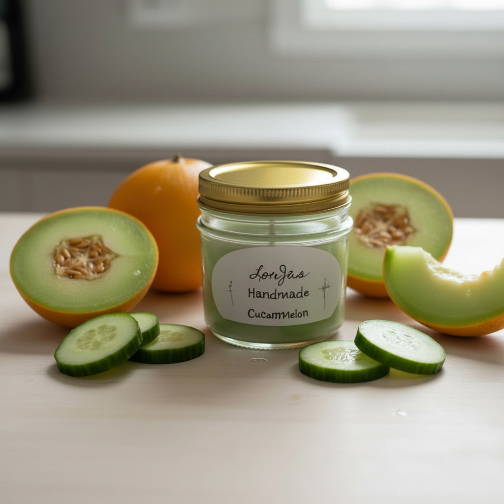 LorJas  Handmade Cucumelon lightly scented soy candle beside fresh-sliced cucumber and melon on a counter with blurred kitchen counter background.