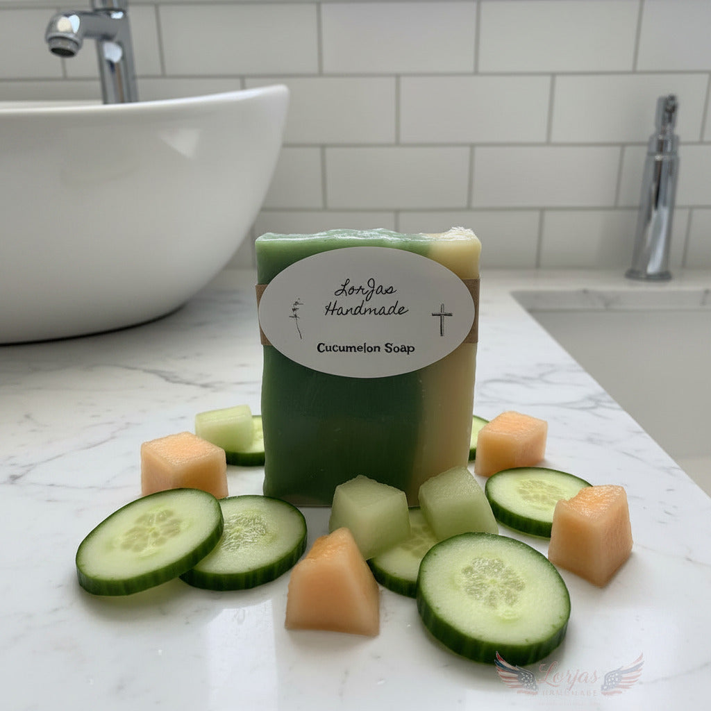 LorJas Handmade Cucumelon lightly scented Castile soap with fresh sliced melon and cucumber on a granite counter beside a wash basin and sink.