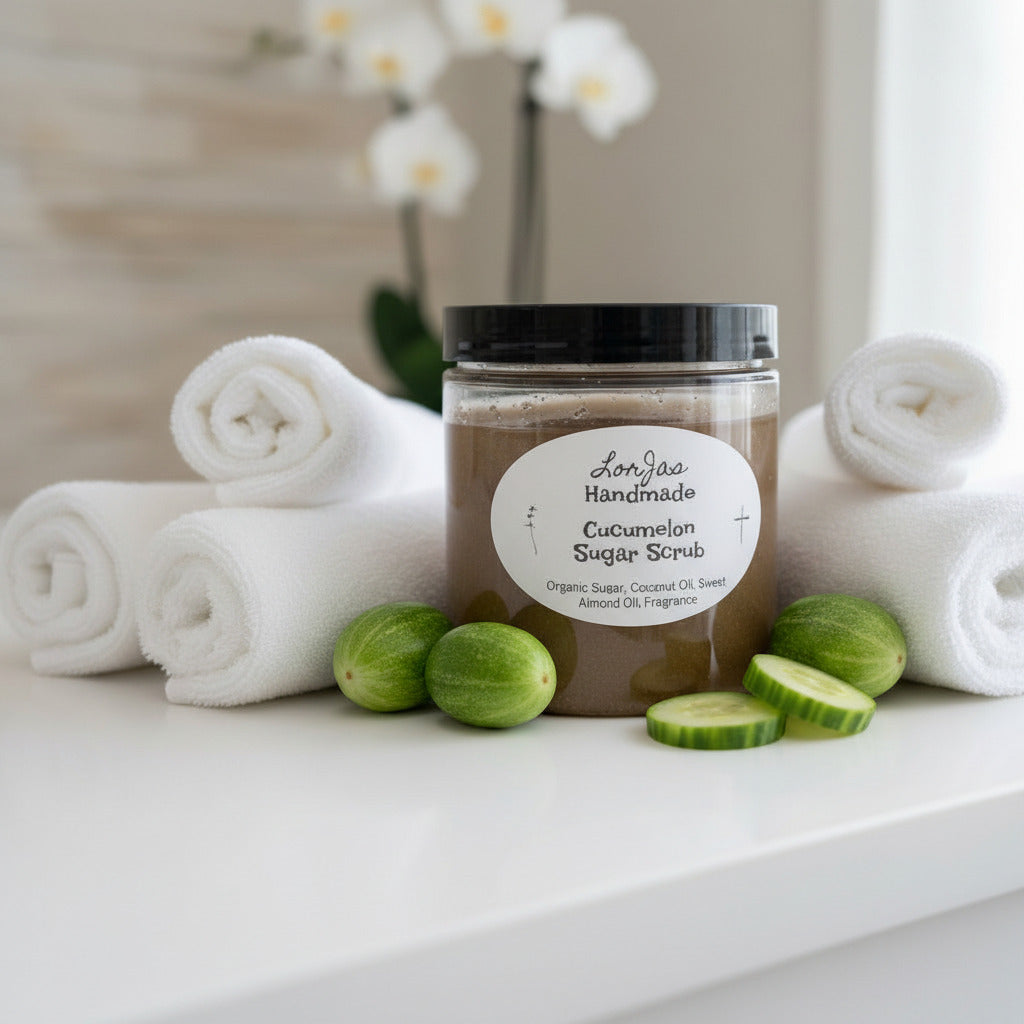 LorJas Handmade Cucumelon lightly scented sugar scrub beside cucumbers and rolled towels in a spa setting.