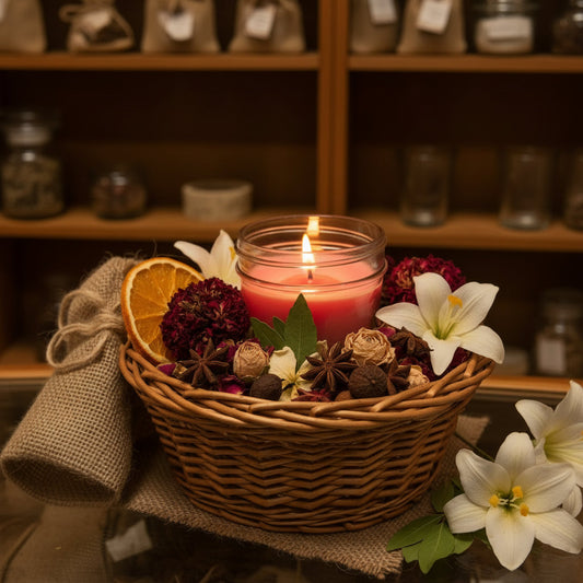 A pleasantly lit red LorJas Handmade lightly scented Dragon's Blood soy candle in a wicker basket filled with dried flowers, star anise, a dried orange slice, and white lilies, with a softly blurred apothecary-style background.