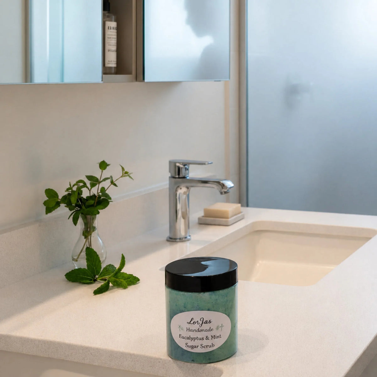 LorJas Handmade Eucalyptus & Mint lightly scented foamy whipped sugar scrub on a bathroom counter by handwashing sink with foggy shower background.
