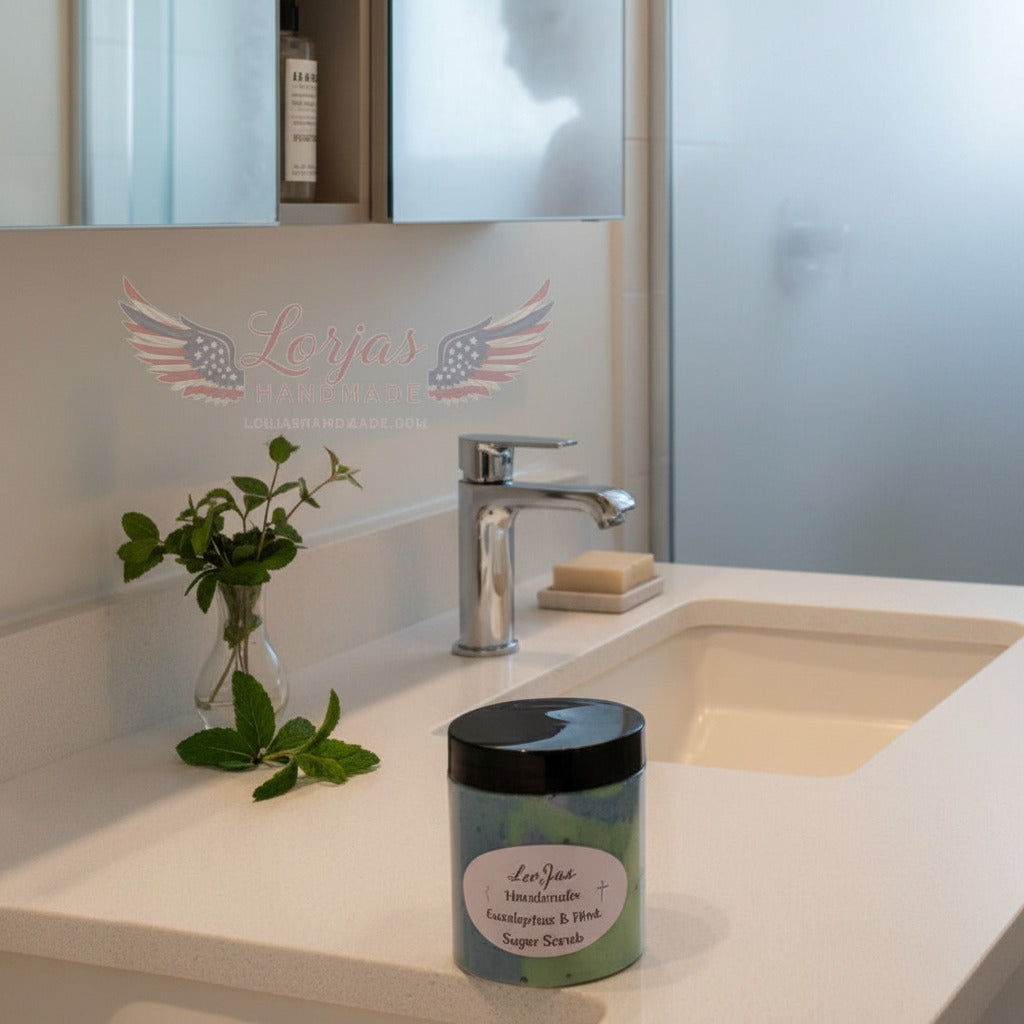 LorJas Handmade Eucalyptus & Mint lightly scented foamy whipped sugar scrub on a bathroom counter by handwashing sink with foggy shower background.