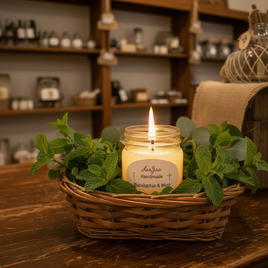 LorJas Handmade Eucalyptus & Mint lightly scented soy candle in a woven basket with fresh eucalyptus and mint on a wooden counter with a mercantile backdrop.