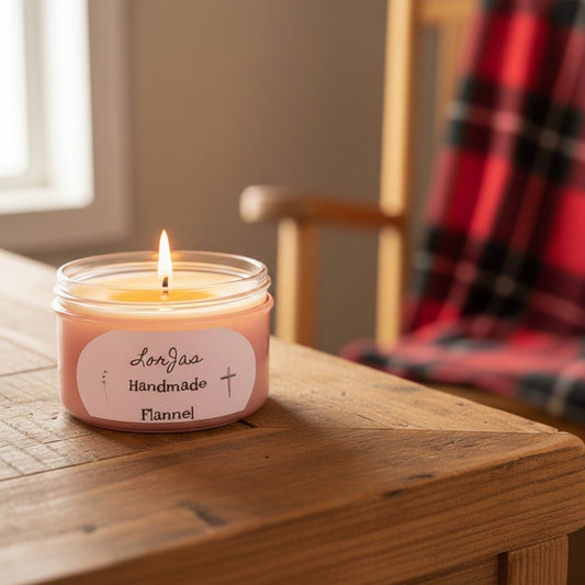 LorJas Handmade Flannel lightly scented soy candle on a wooden surface with blurred draped flannel over a chair in background and window letting natural light flow in.