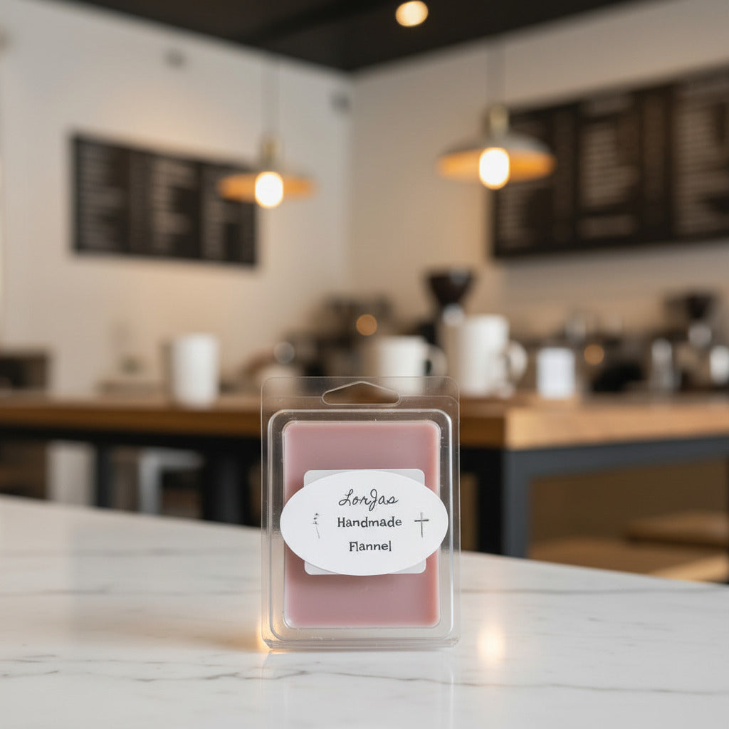 LorJas Handmade Flannel lightly scented soy wax melt on a granite surface with a blurred coffee shop in the background.
