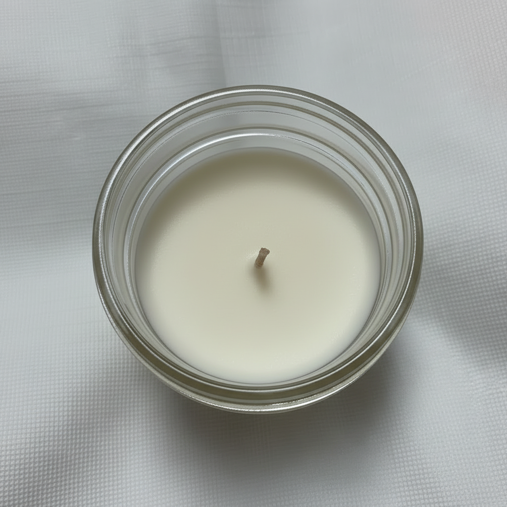A single-wick LorJas Handmade soy candle in a clear glass jar, filled with creamy off-white wax, photographed from directly above on a white textured fabric background.