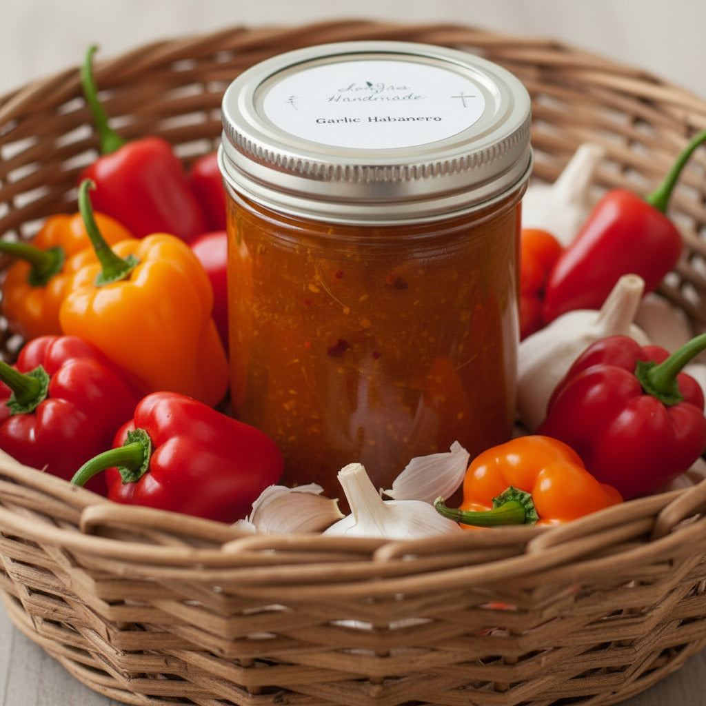 Lorjas Handmade Garlic Habanero pepper jelly in basket of fresh peppers and garlic