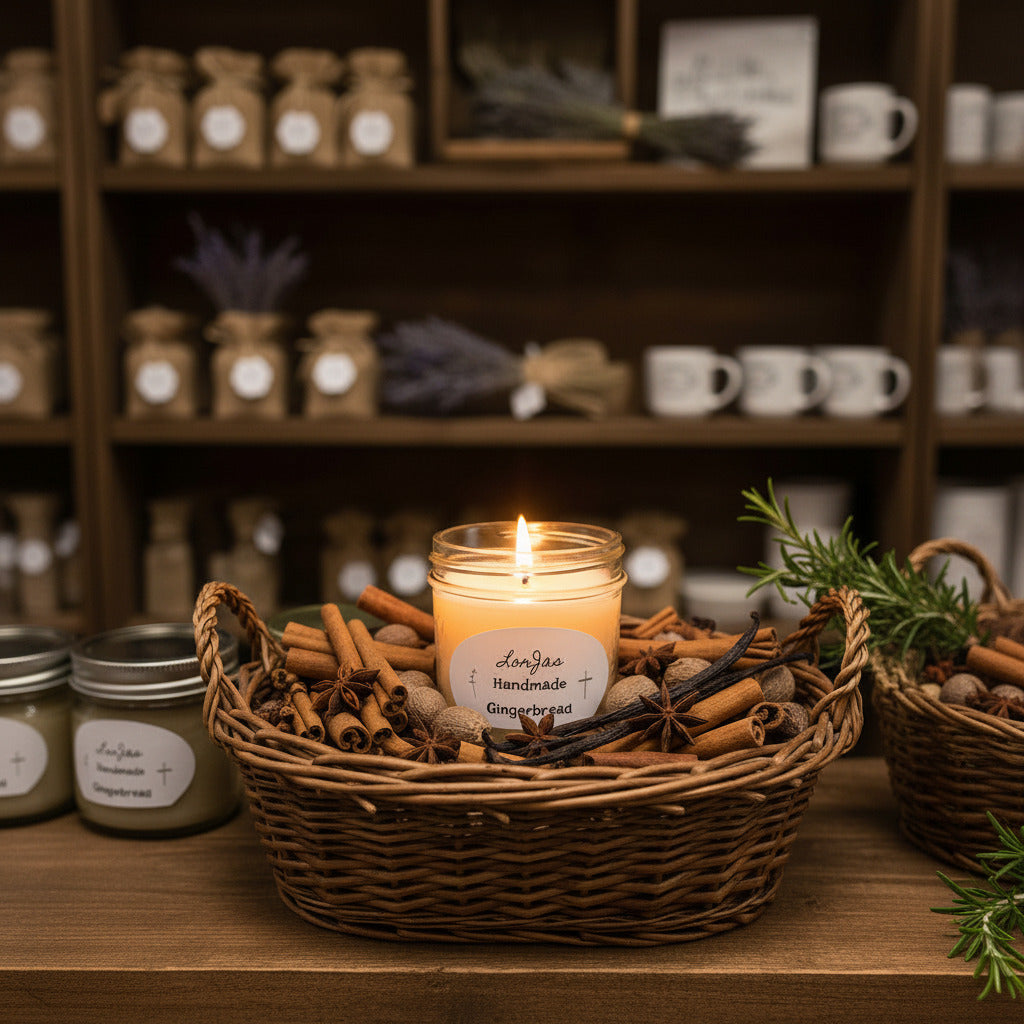 Pleasantly lit LorJas Handmade Gingerbread lightly scented soy candle in wicker basket with fresh spices and herbs in a country mercantile setting.