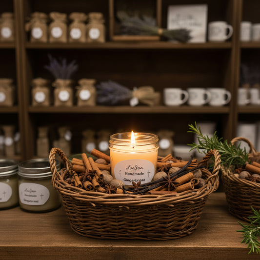Pleasantly lit LorJas Handmade Gingerbread lightly scented soy candle in wicker basket with fresh spices and herbs in a country mercantile setting.