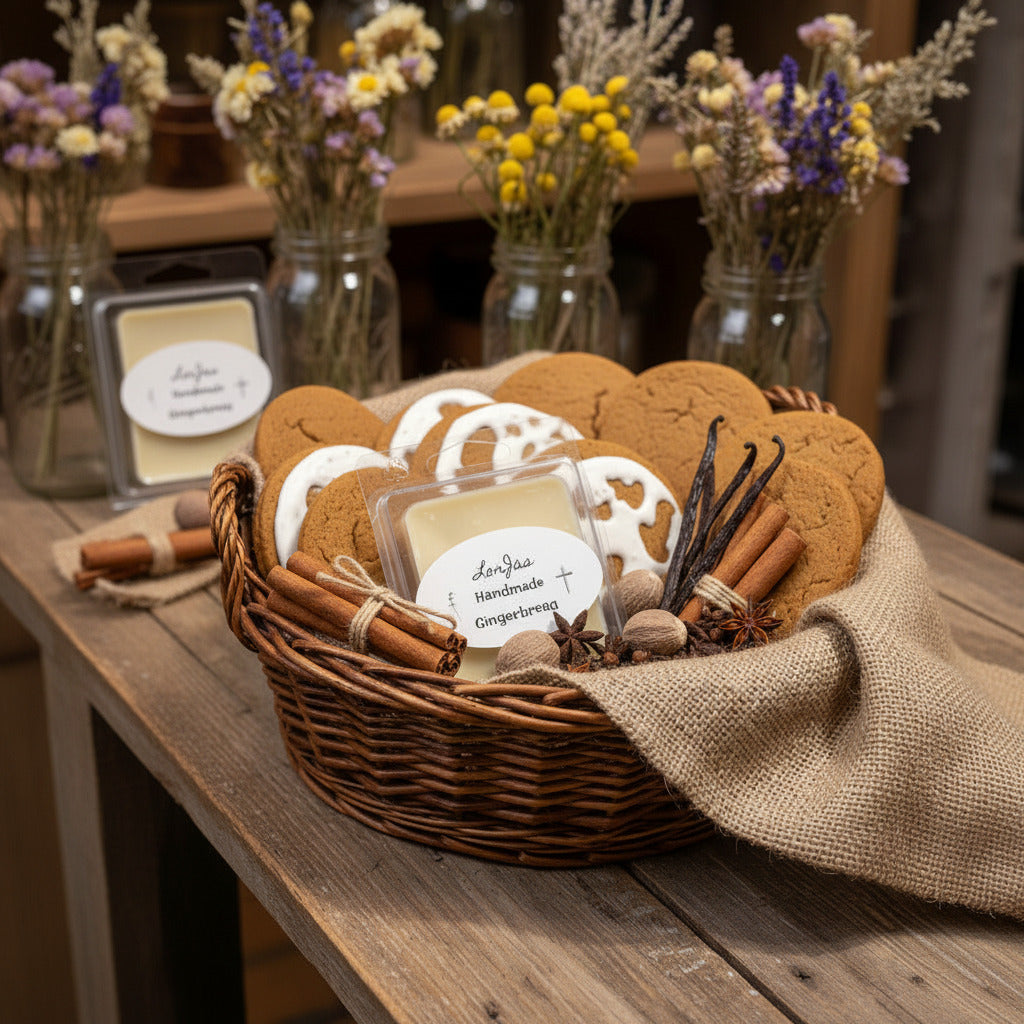 LorJas Handmade Gingerbread lightly scented soy melt in a wicker basket that is lined with burlap along with gingerbread cookies and dried spices on a wooden counter with blurred flower decor in the background.