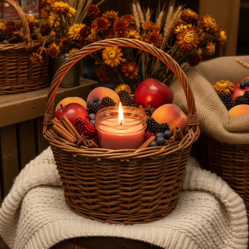 Pleasantly lit LorJas Handmade Harvest lightly scented soy candle in a wicker basket with apples, berries, and cinnamon on a wooden barrel topped with burlap and a fall flower backdrop.