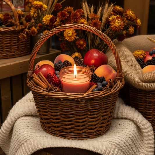 Pleasantly lit LorJas Handmade Harvest lightly scented soy candle in a wicker basket with apples, berries, and cinnamon on a wooden barrel topped with burlap and a fall flower backdrop.