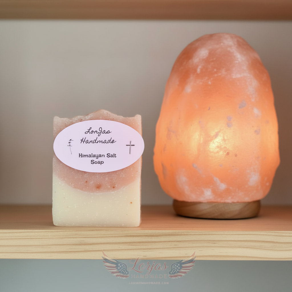 Lorjas Handmade Himalayan unscented Castile soap on wooden shelf beside Himalayan salt lamp with blurred background.