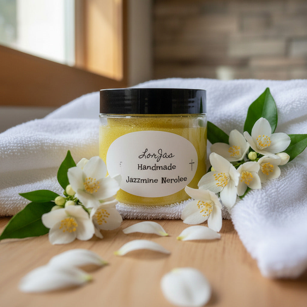 LorJas Handmade Jazzmine Nerolee (TM) lightly scented foamy whipped sugar scrub beside fresh jasmine and a white towel on a wooden table by a window allowing natural light to flow into a spa setting.