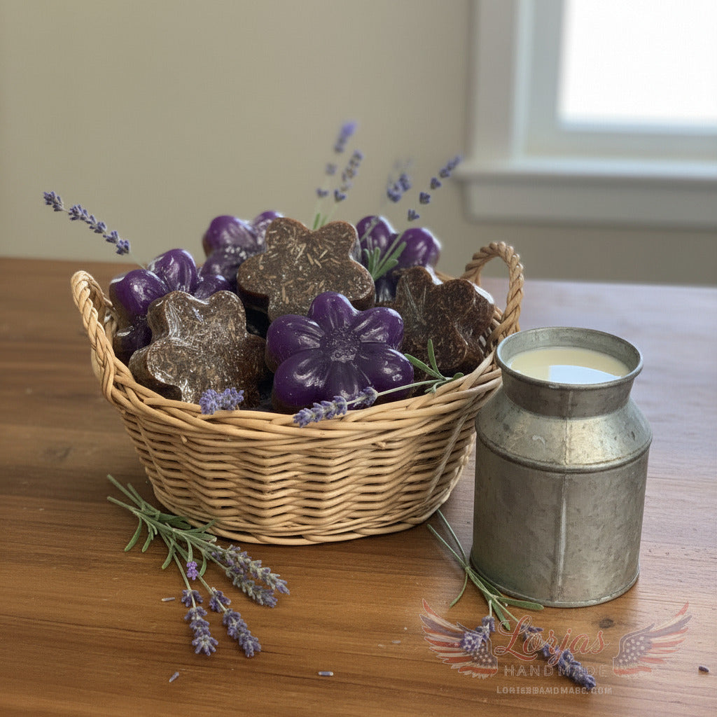 LorJas Handmade Lavender lightly scented goat milk soap in wicker basket with fresh lavender beside pail of fresh goat milk on a wooden counter with natural light flooding in through window.
