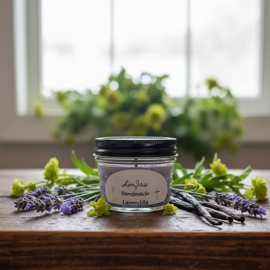 LorJas Handmade Lavendilla lightly scented soy candle beside fresh lavender and vanilla beans on a wooden counter with greenery beneath a window allowing natural light to flow in.