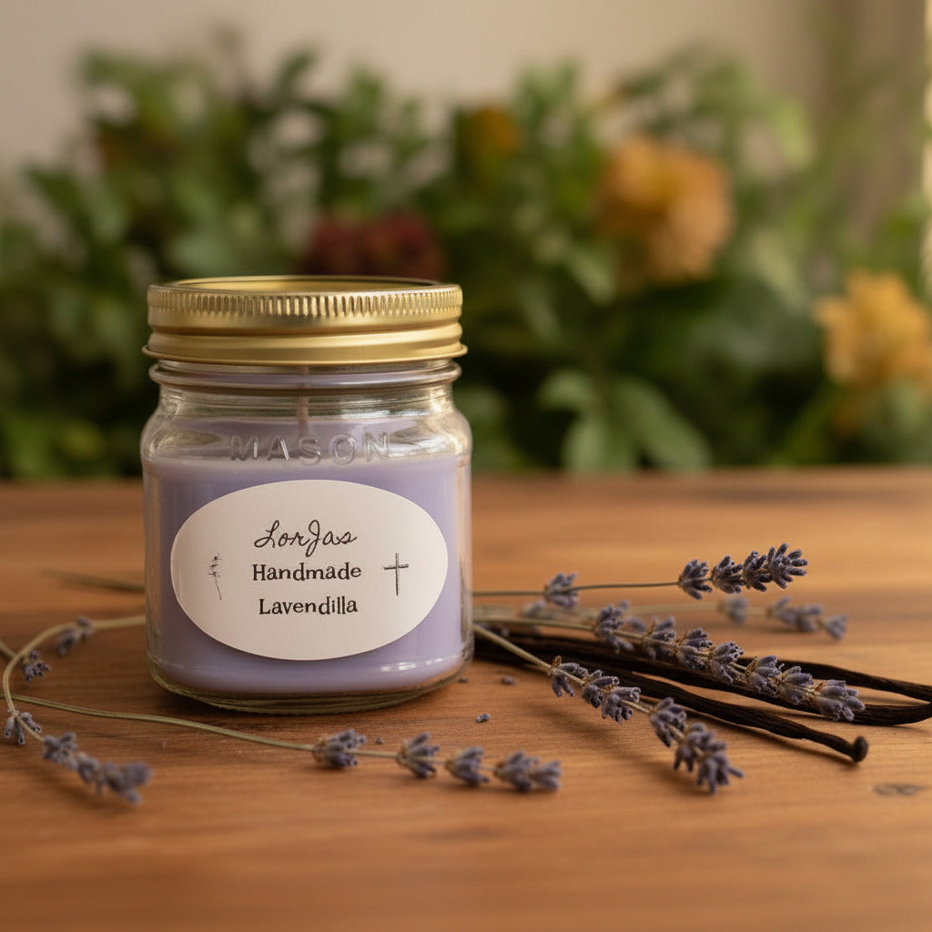 LorJas Handmade Lavendilla candle with fresh sprigs of lavender and vanilla beans on a wooden counter and blurred greenery in the background.