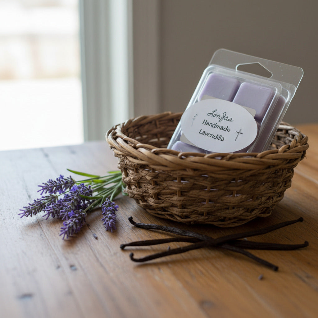 LorJas Handmade Lavendilla lightly scented soy wax melt in a wicker basket beside fresh lavender and vanilla beans on a wooden counter with a blurred outdoor view through a window in the background.
