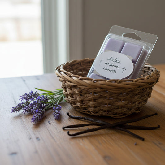 LorJas Handmade Lavendilla lightly scented soy wax melt in a wicker basket beside fresh lavender and vanilla beans on a wooden counter with a blurred outdoor view through a window in the background.