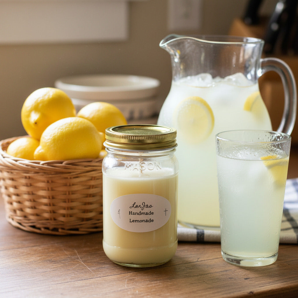 LorJas Handmade Lemonade lightly scented soy candle on a wooden counter with a glass and pitcher of fresh-made, ice-cold lemonade and a basket of ripe lemons with sugar on a modern wooden kitchen counter with a window letting natural light flow in.