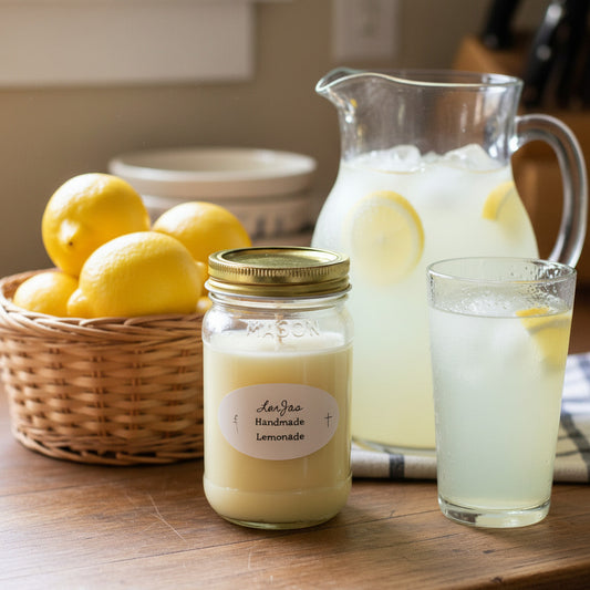 LorJas Handmade Lemonade lightly scented soy candle on a wooden counter with a glass and pitcher of fresh-made, ice-cold lemonade and a basket of ripe lemons with sugar on a modern wooden kitchen counter with a window letting natural light flow in.