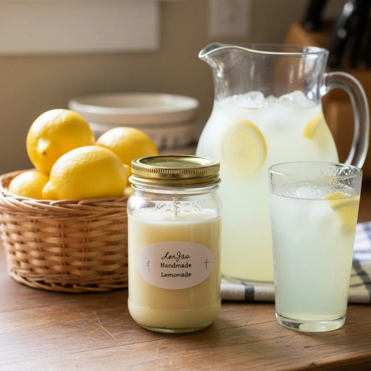 LorJas Handmade Lemonade lightly scented soy candle on a wooden counter with a glass and pitcher of fresh-made, ice-cold lemonade and a basket of ripe lemons with sugar on a modern wooden kitchen counter with a window letting natural light flow in.
