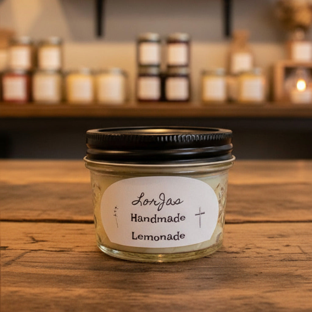LorJas Handmade Lemonade lightly scented soy candle on a rustic wooden counter with blurred candle jars on shelving in background.