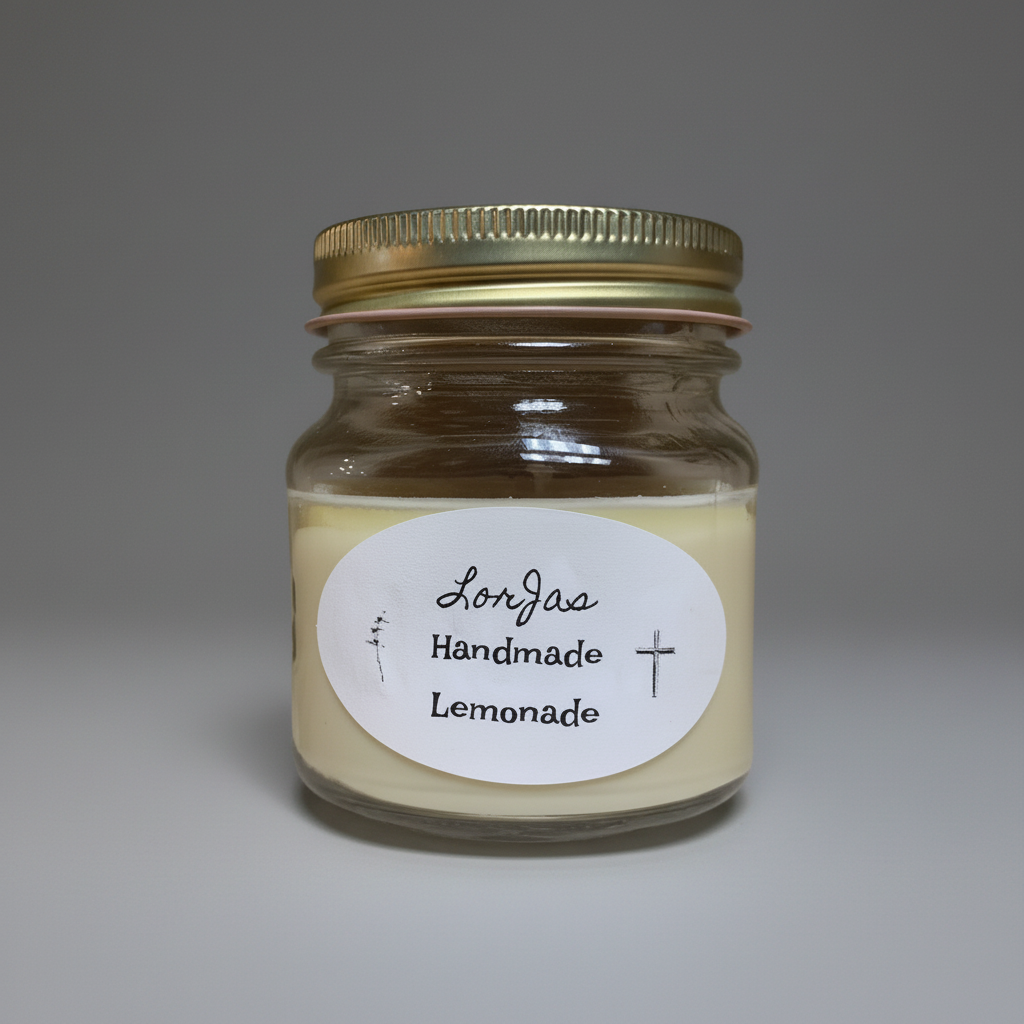 LorJas Handmade Lemonade lightly scented soy candle with a light grey studio background.