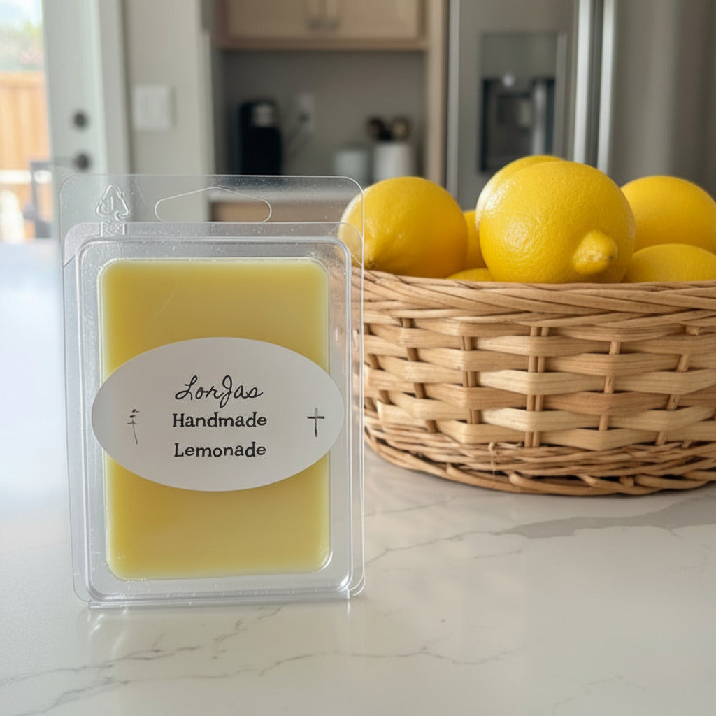 LorJas Handmade Lemonade lightly  scented soy wax melt with a basket of lemons on a granite kitchen counter with blurred background.