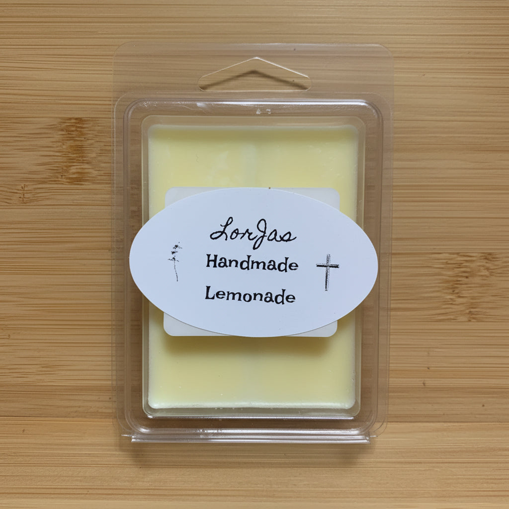 Lor’Jas Handmade ‘Lemonade’ lightly scented soy wax melt in plastic brand packaging in wooden display shelving.