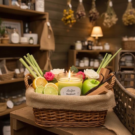Pleasantly lit LorJas Handmade Lemongrass lightly scented soy candle in a basket of lemongrass, fresh citrus, juicy apple, rose blossom, sandalwood, and vanilla bean in a country store.