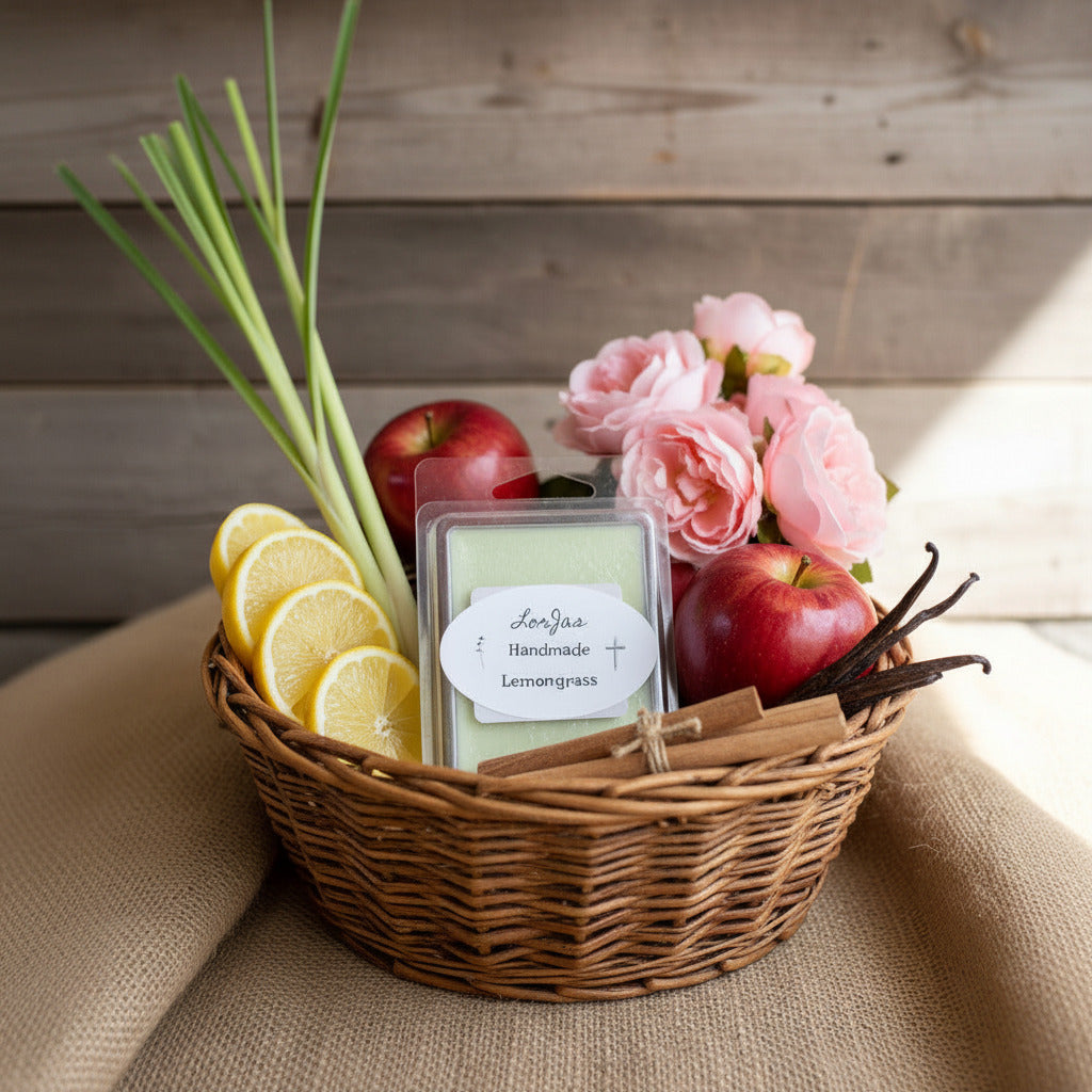 LorJas Handmade Lemongrass lightly scented soy wax melt in a basket of lemongrass, fresh citrus, juicy apple, rose blossom, sandalwood, and vanilla bean on burlap with a woodgrain backdrop.