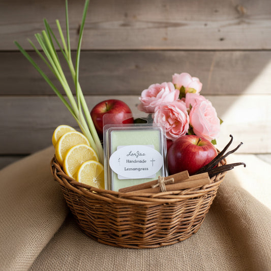LorJas Handmade Lemongrass lightly scented soy wax melt in a basket of lemongrass, fresh citrus, juicy apple, rose blossom, sandalwood, and vanilla bean on burlap with a woodgrain backdrop.