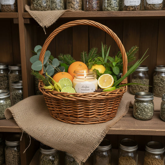 Pleasantly lit LorJas Handmade Limoncello lightly scented soy candle in a wicker basket with fresh fruits, herbs, and spices on a shelf displayed with burlap and several jars of dried spices.