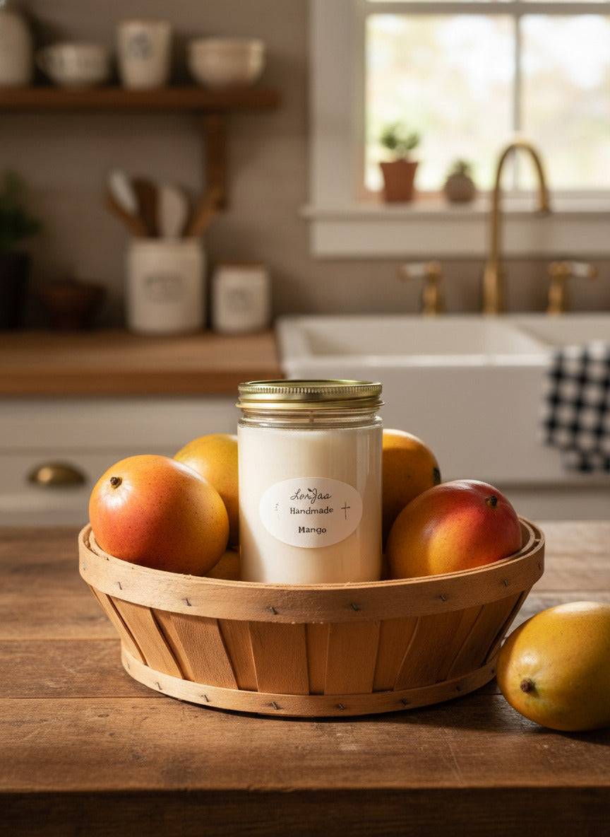 LorJas Handmade 'Mango' scented organic soy candle in a basket with fresh mangoes with a kitchen background