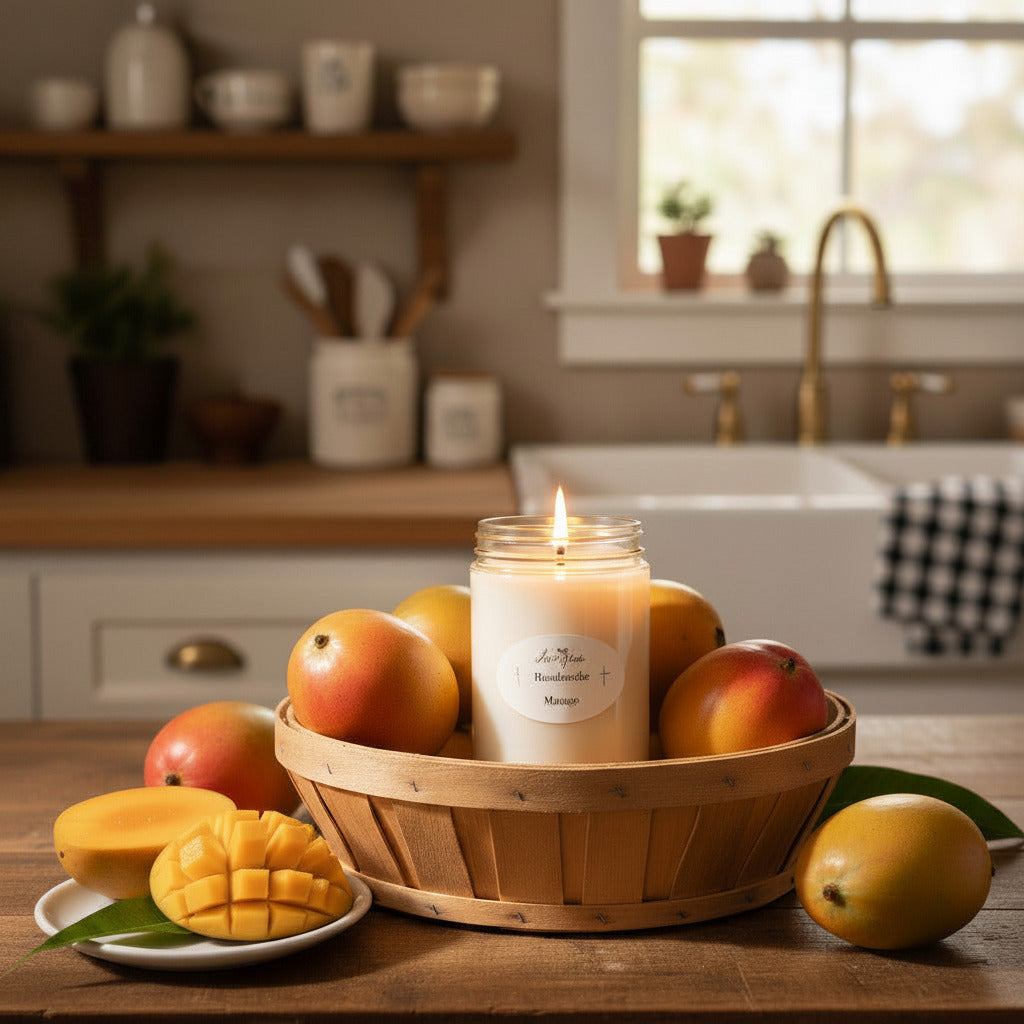 LorJas Handmade 'Mango' scented organic soy candle in a basket with fresh mangoes with a kitchen background